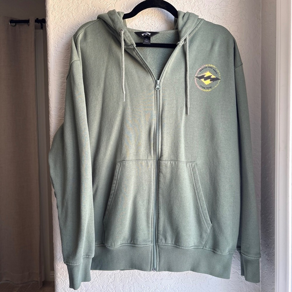 Billabong Surf Graphic Mens L Zip Up Hoodie Sage Green Fleece Logo Sweatshirt